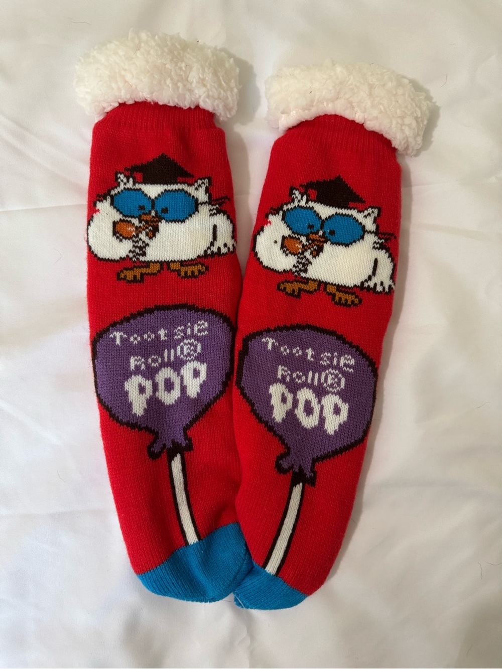 Red Cartoon Tootsie Roll Owl Cozy Fuzzy Cuff Socks